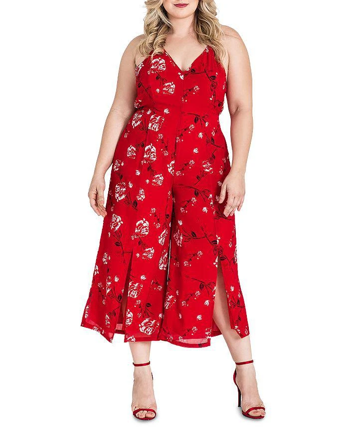 standards
practices Plus Red Floral Halter Front Split Capri Jumpsuit