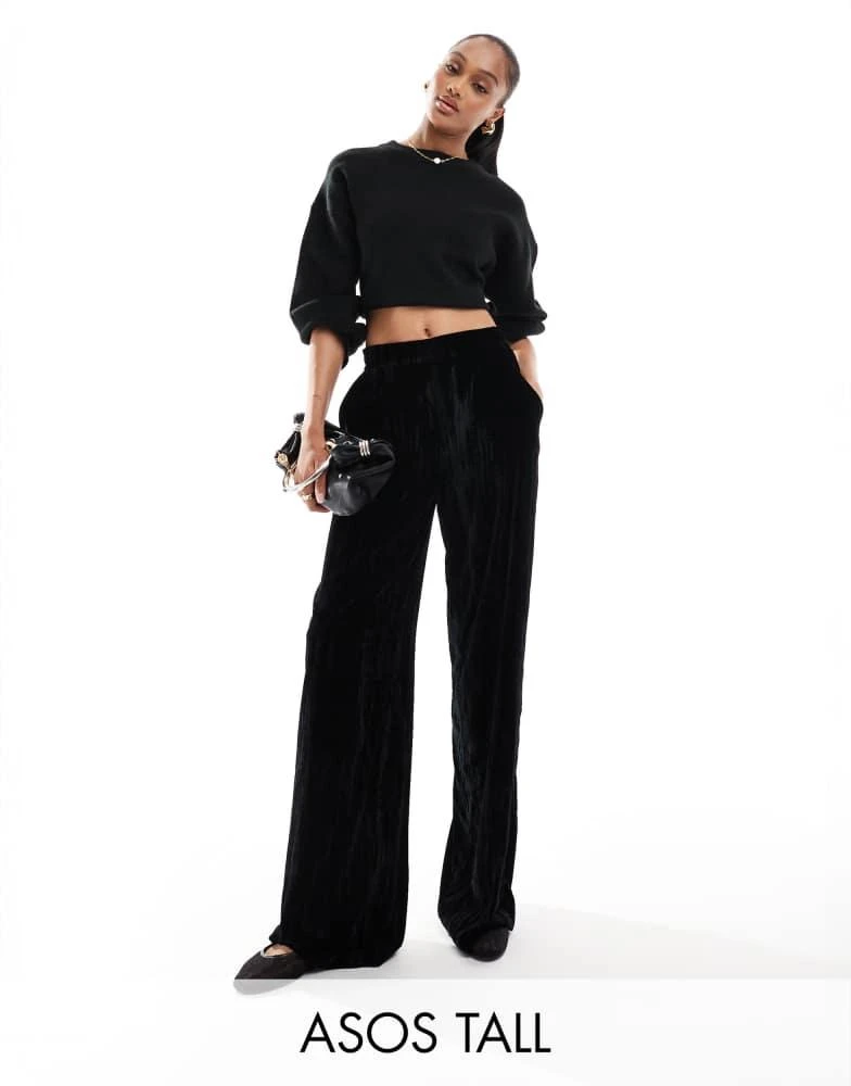 ASOS ASOS DESIGN Tall crinkle velvet pull on trouser in black 1