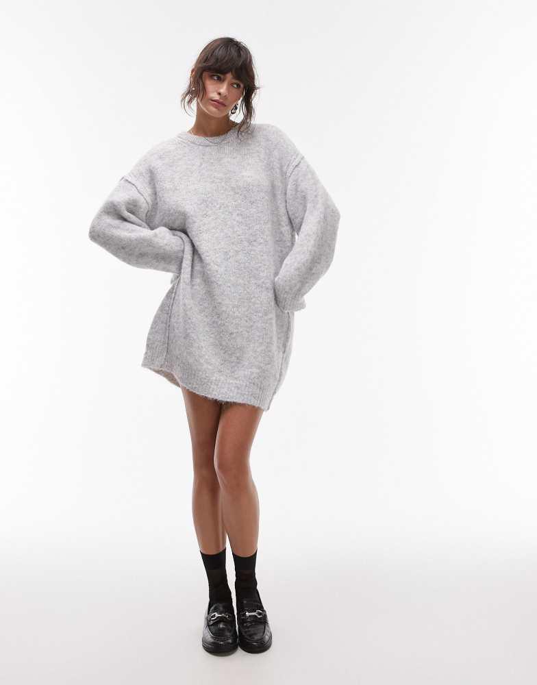 Topshop Topshop knitted oversized crew mini dress with exposed seam detail in ice grey