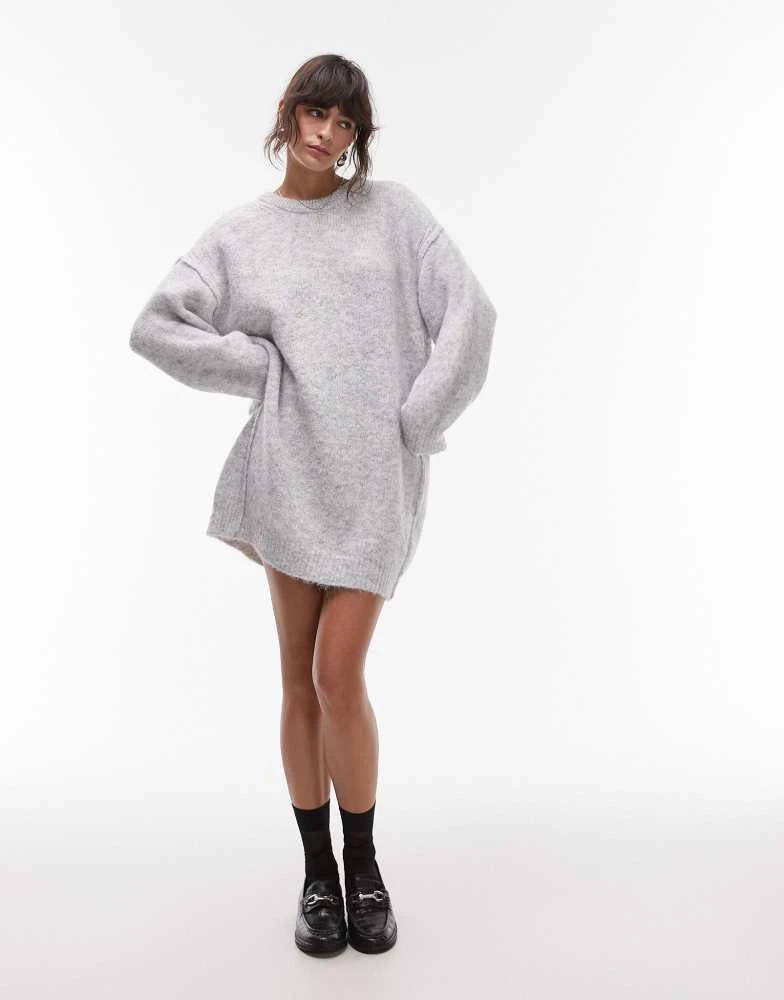 Topshop Topshop knitted oversized crew mini dress with exposed seam detail in ice grey 1