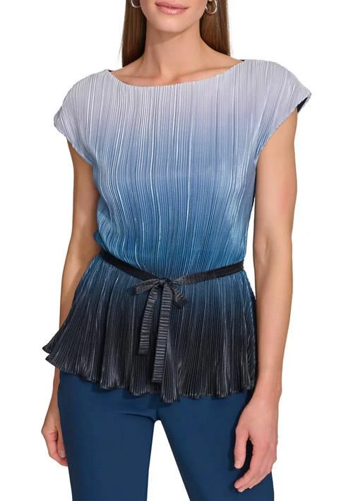 DKNY Womens Cap Sleeve Rib Striped Tie Waist Top 1