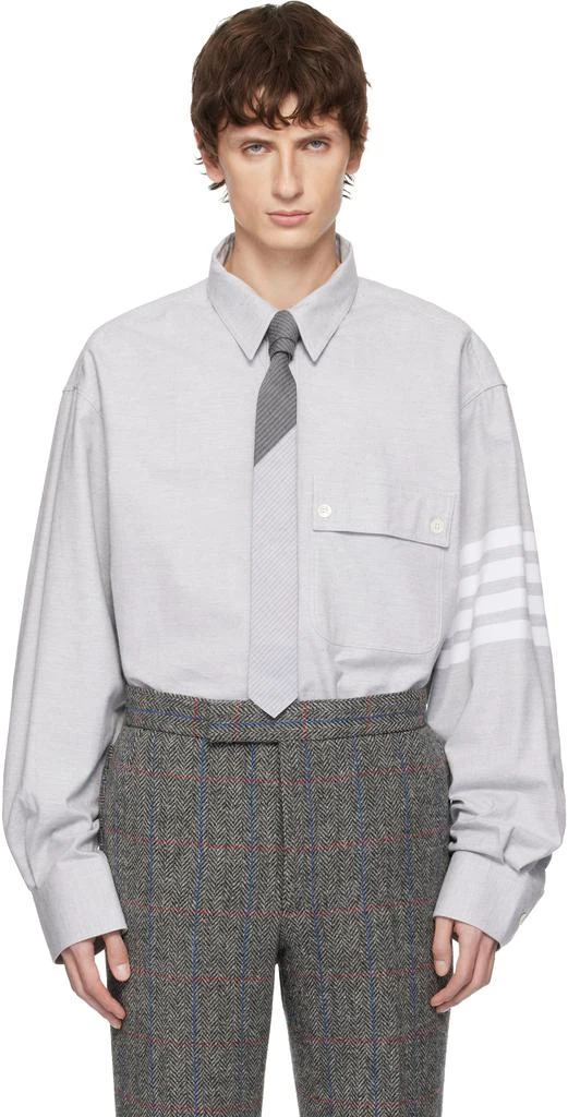 Thom Browne Gray Woven Flannel 4-Bar Oversized Shirt 1
