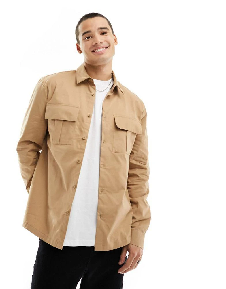 River Island River Island double pocket utility shirt in light stone 1