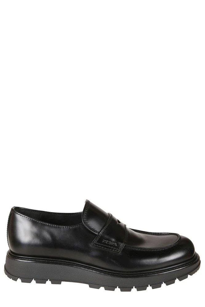 Shop Prada Navy Blue Croc Embossed Leather Penny Loafers  display picture 3