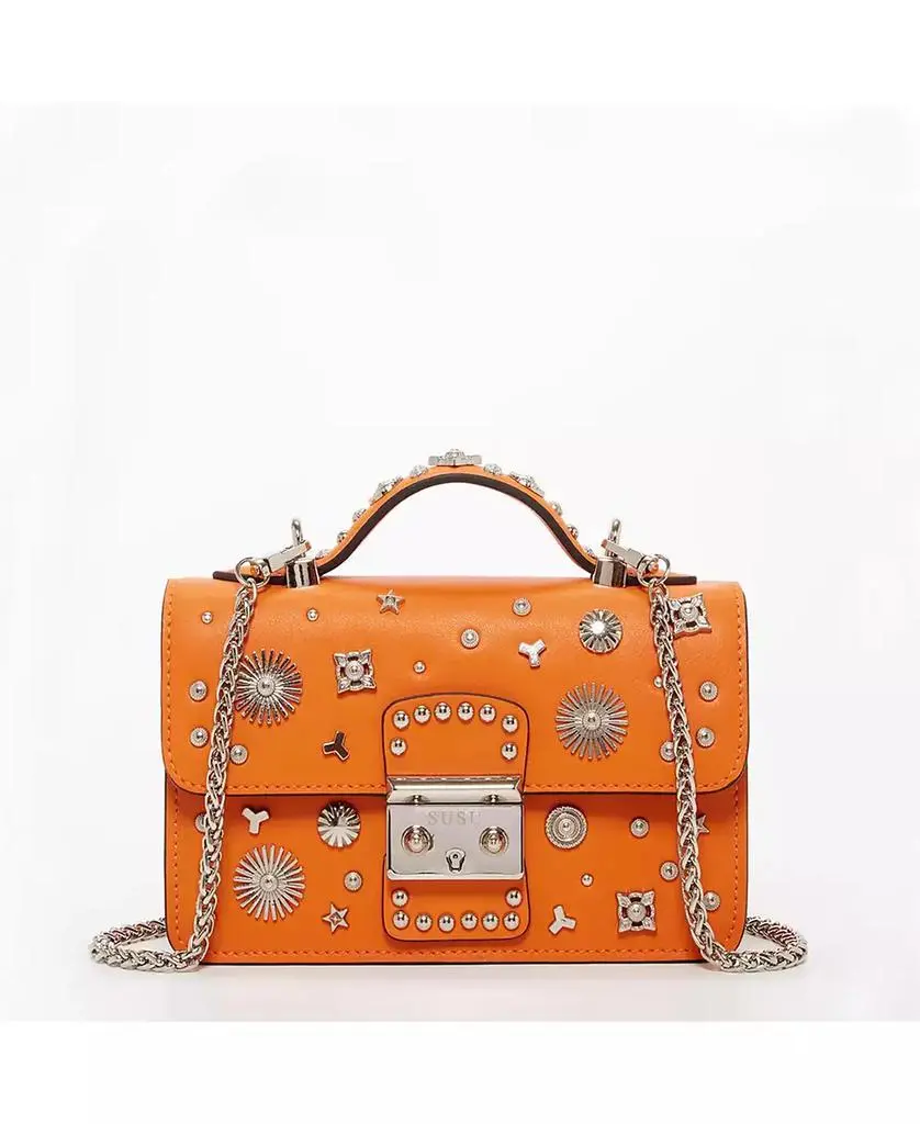 SUSU Womens Orange Leather Studded Mini Crossbody Bag Structured Top Handle Satchel with Chain Strap and Buckle Closure