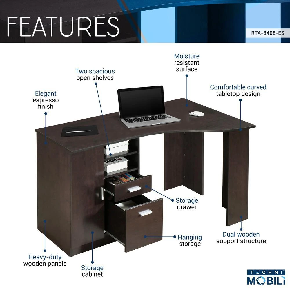 Techni Mobili Classic Office Desk with Storage, Espresso 5