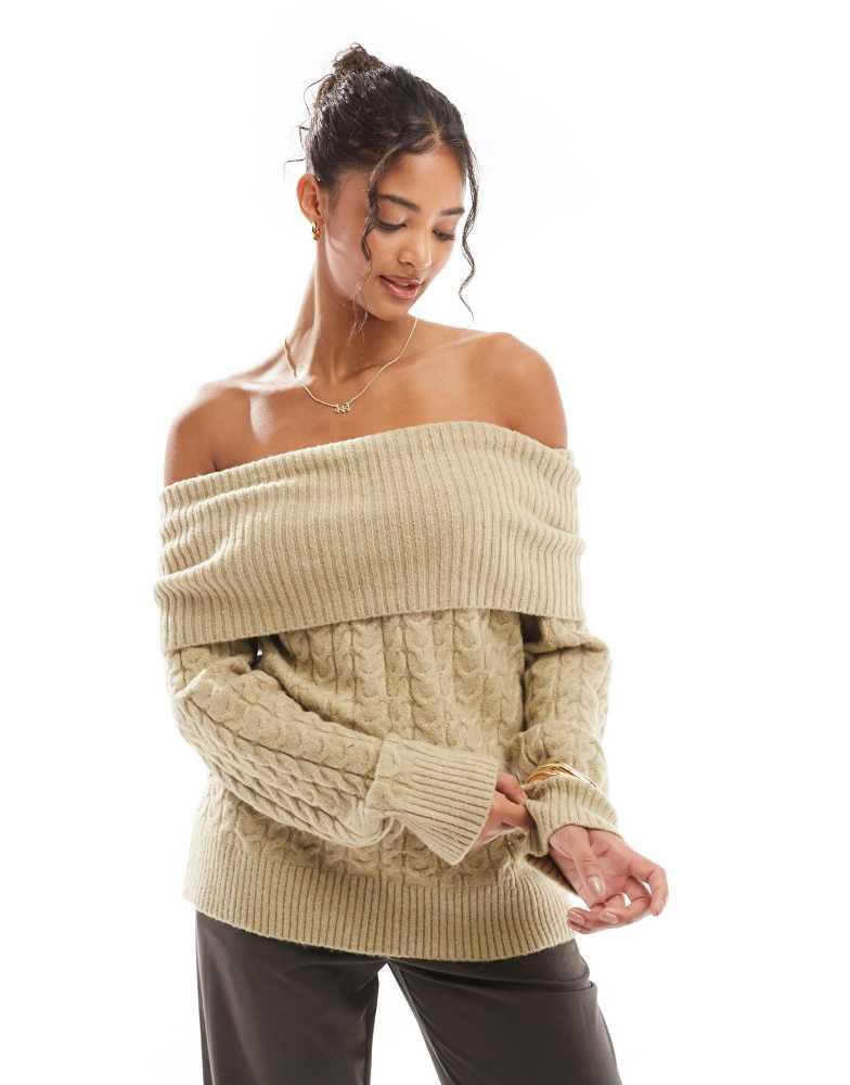 Bershka Bershka bardot cable knit jumper in khaki