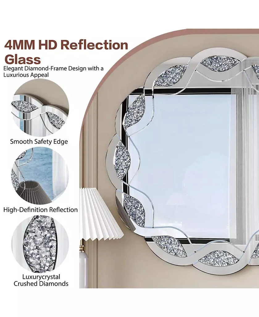 BUSDAYS Crush Diamond Round Wall Mirror,31.5 Inch Wave Frame Decorative Mirror for Living Room,Bathroom,Bedroom,Hallway,Heavy Duty Frame 2