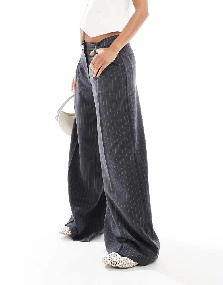 Monki Monki high waist wide leg tailored trousers in grey stripe 2