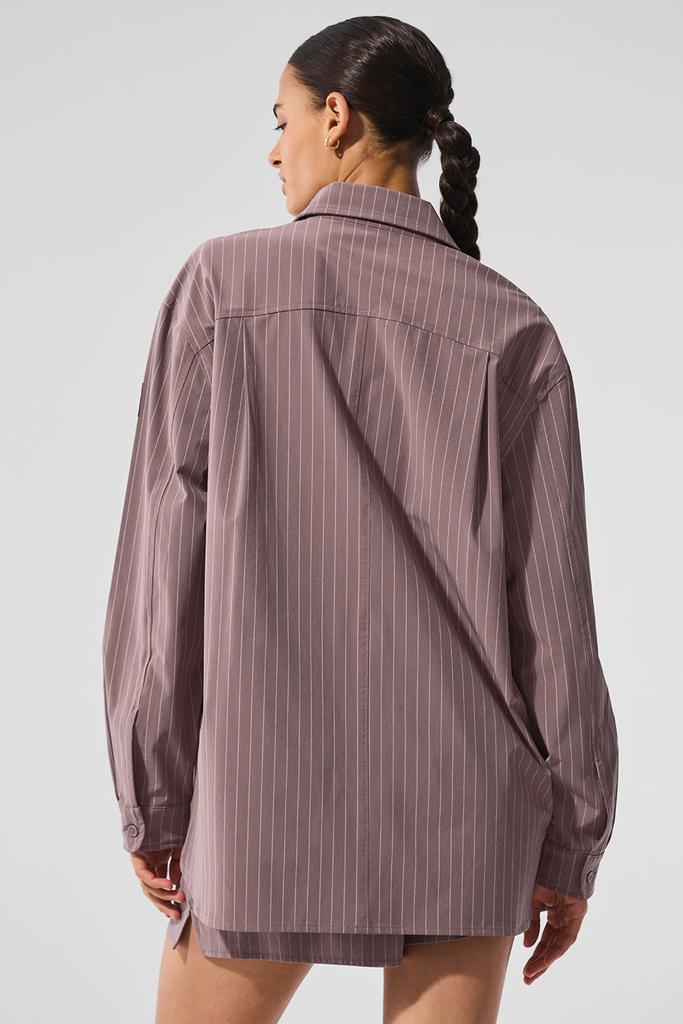 Alo Pinstripe Daylight Button Down Long Sleeve - Mushroom/Ivory