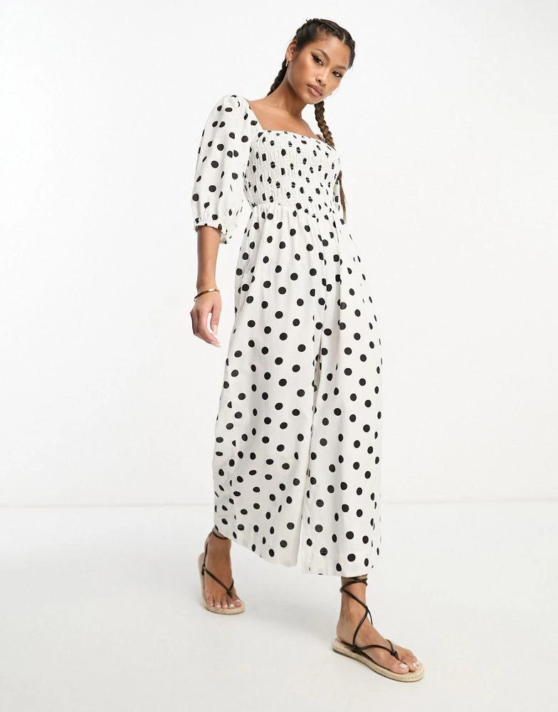 ASOS ASOS DESIGN linen look shirred bodice puff sleeve jumpsuit in mono spot print 4
