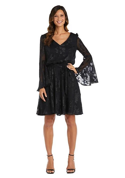 Nightway Short Metallic Clip Chiffon Blouson W Self Tie Waist V Front Keyhole Back And Long Bell Sleeves 1
