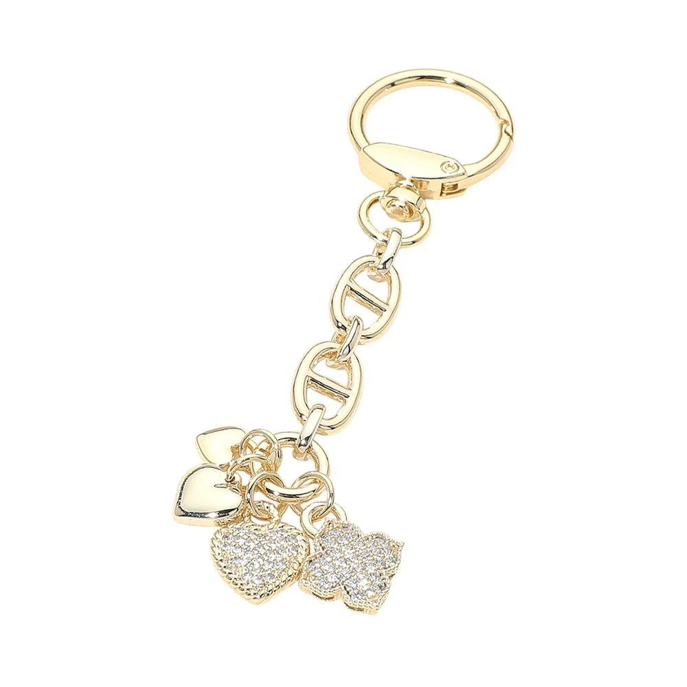 FASHNZFAB 14K Gold Plated Triple Heart CZ Stone Paved Heart Flower Charm Drop Bag Charm Keychain 2