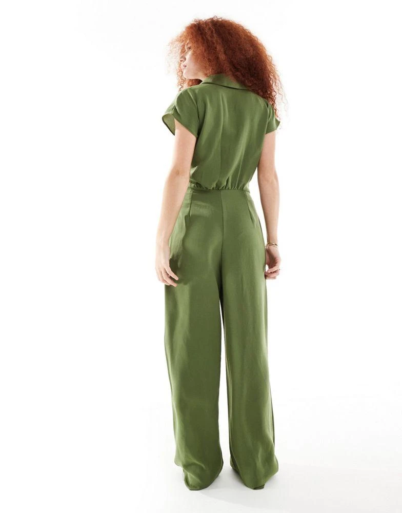 Mango Mango tie waist jersey jumpsuit in khaki 2