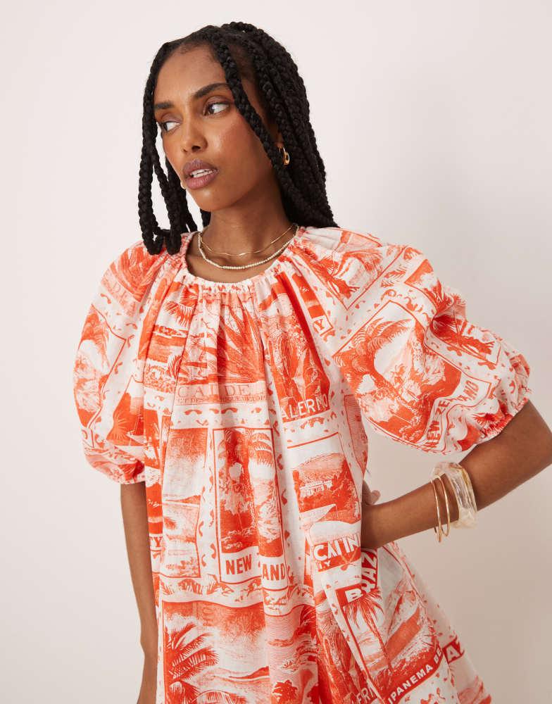 ASOS ASOS DESIGN puff sleeve cotton poplin mini dress in red postcard print