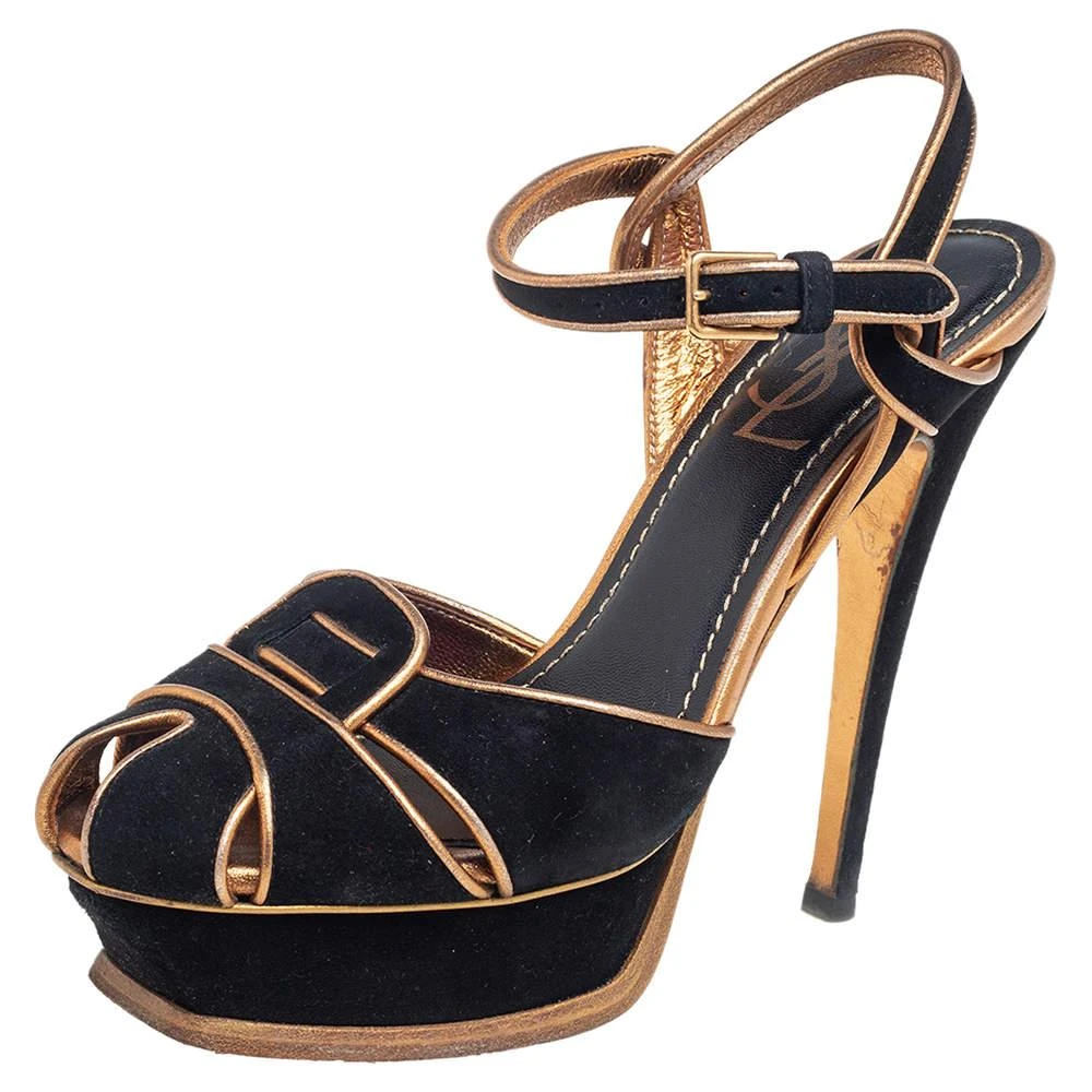 Yves Saint Laurent Saint Laurent  Black Suede Leather Platform Ankle Strap Sandals Size 36 1