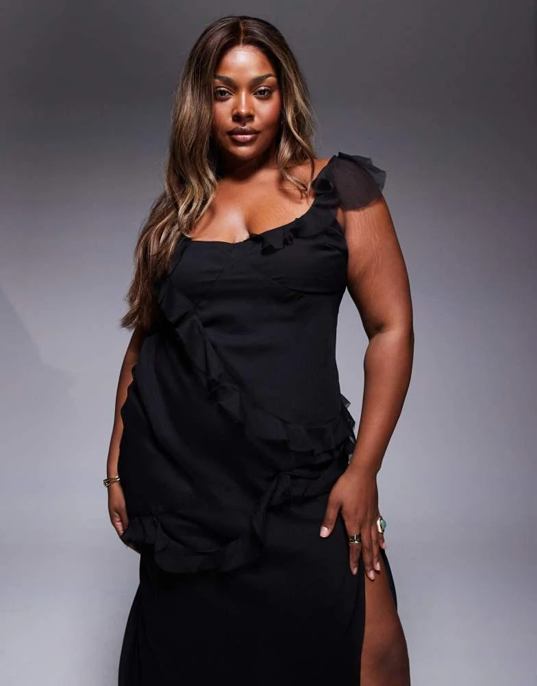 asos black dress plus size ASOS Design Curve raw edge ruffle maxi dress with tie back in Black