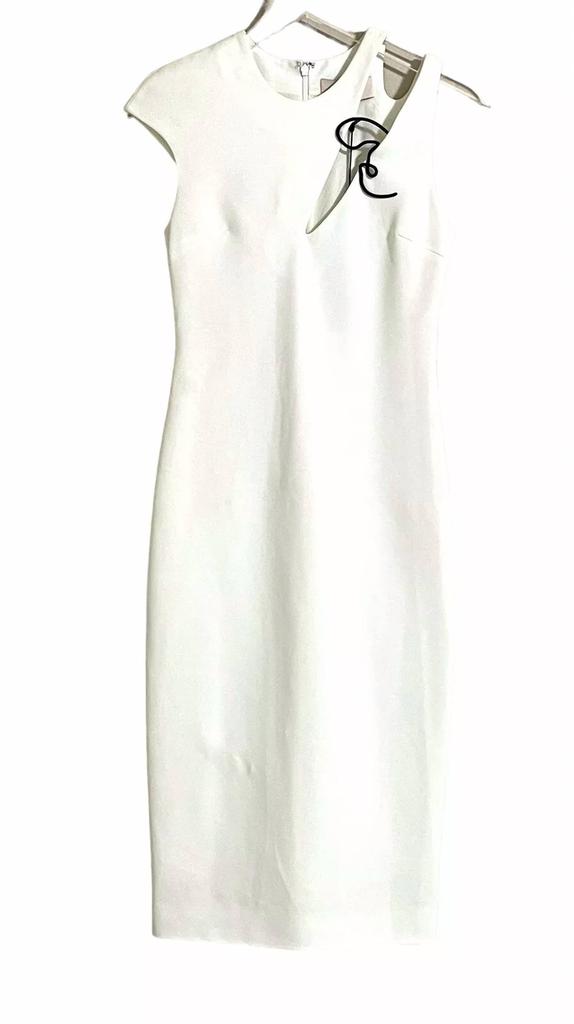 CUSHNIE Cap Sleeve Twist Cutout Pencil Dress In White