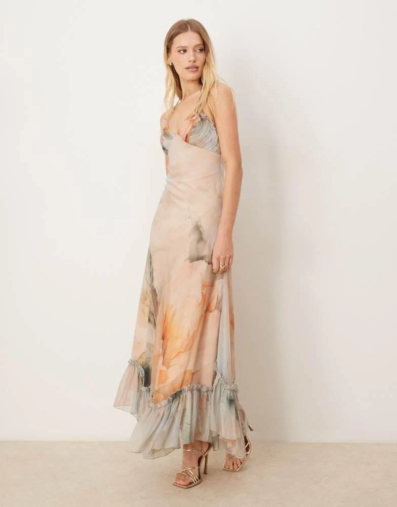 ASOS ASOS DESIGN pleated bust cami maxi dress with ruffle pephem in abstract floral print 1