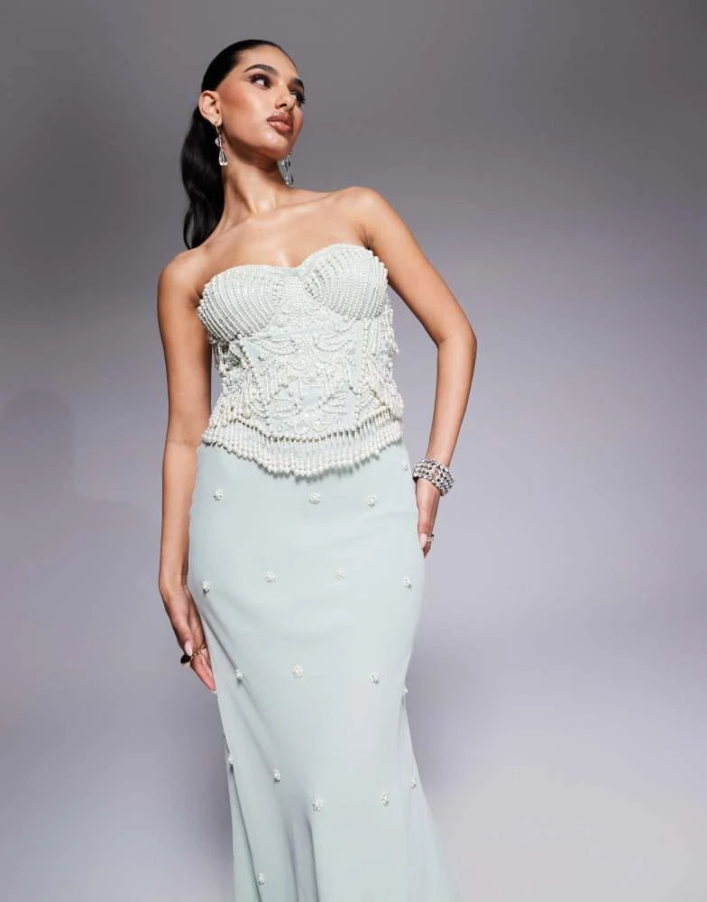 ASOS Design bias bandeau midi dress with pearl beading in sage green ASOS Design bias bandeau midi dress with pearl beading in sage green
