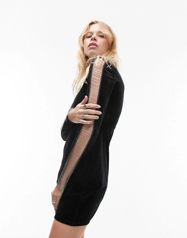Topshop Topshop long sleeve velvet mini dress with metallic chain trim 1