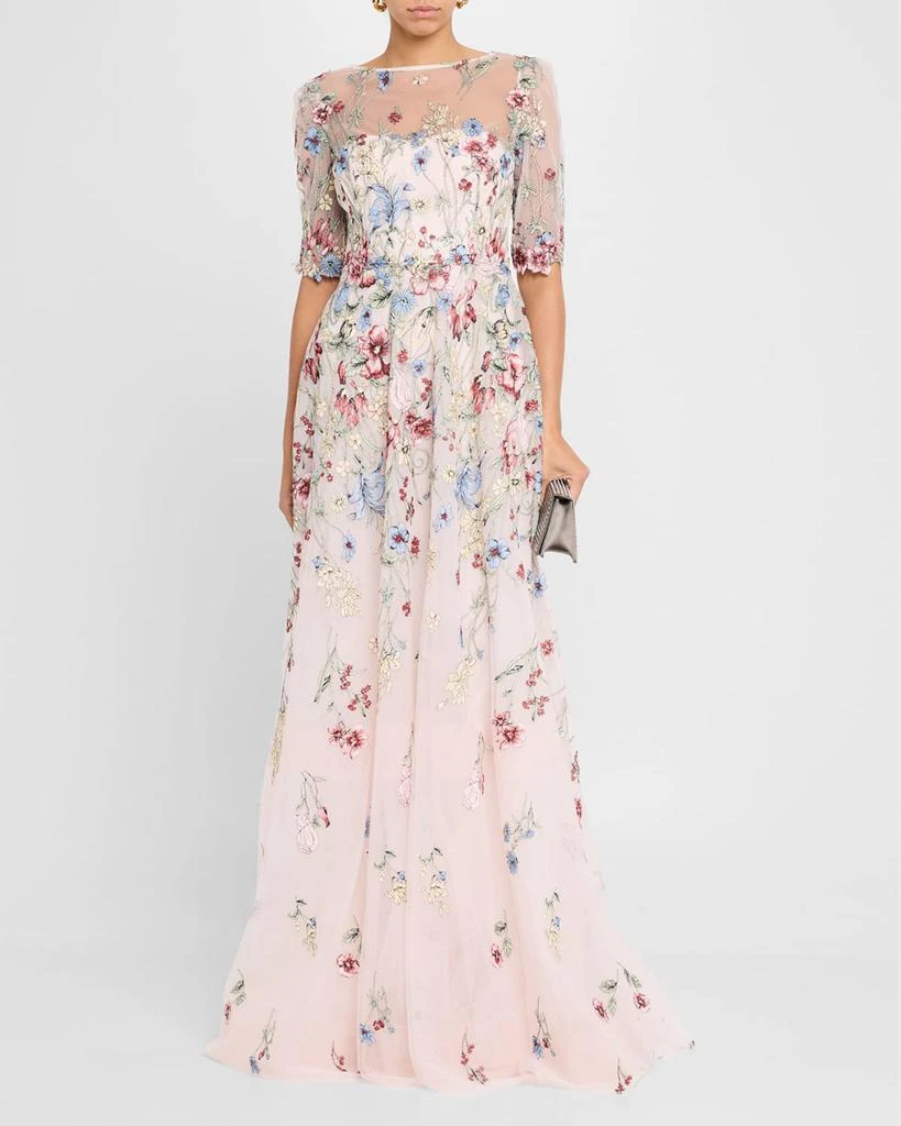 Teri Jon Floral-Embroidered Illusion Tulle Gown 2