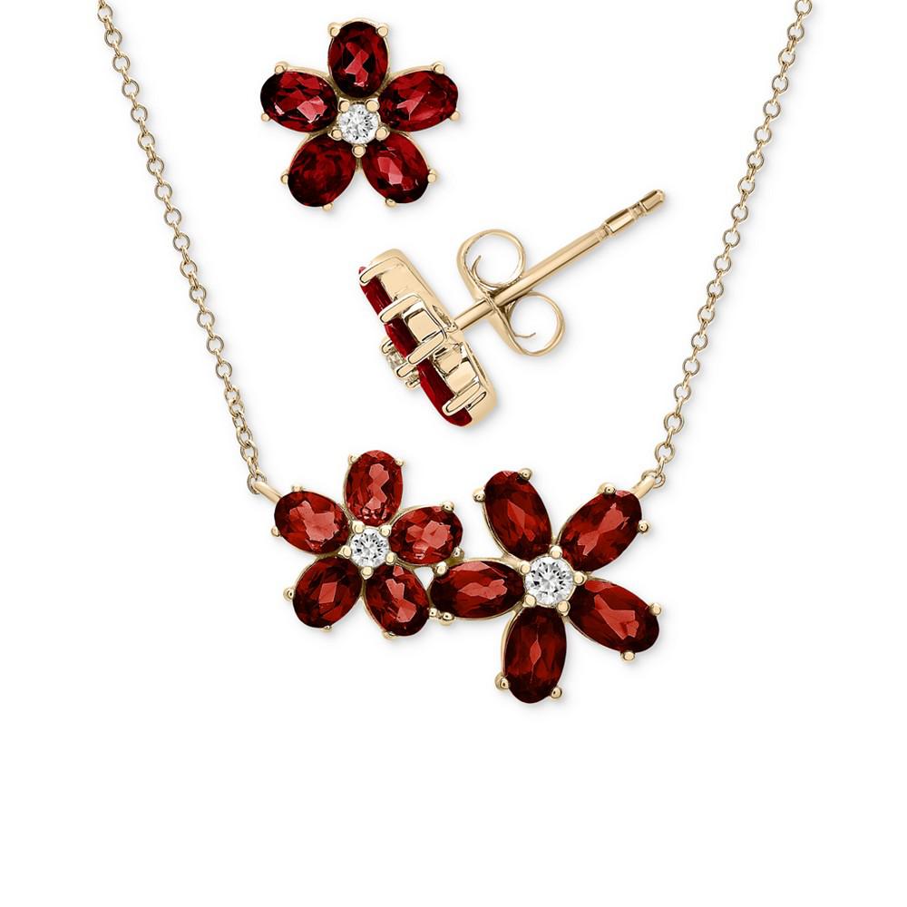 Macy's 2-Pc. Set Garnet (4-3/4 ct. t.w.) & White Topaz (1/4 ct. t.w.) Flower Pendant Necklace & Matching Stud Earrings in 14k Gold-Plated Sterling Silver