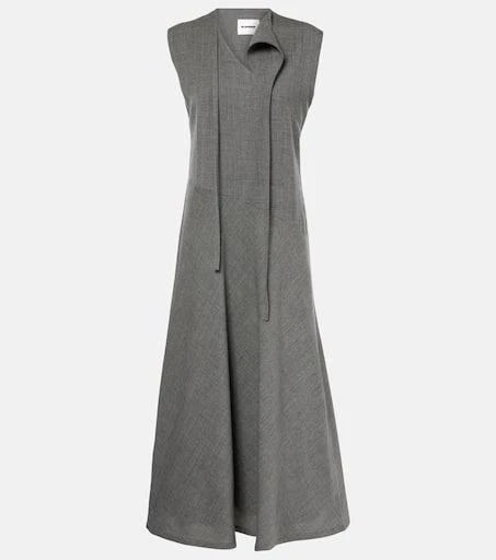 Tie-neck virgin wool canvas midi dress