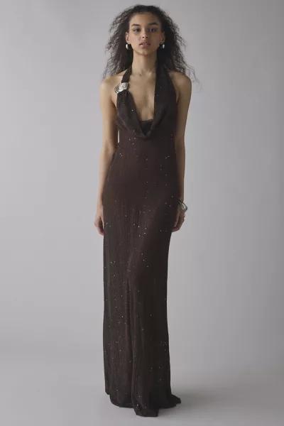 Jaded London Jaded London Moara Sheer Shimmer Knit Plunge Open-Back Maxi Dress