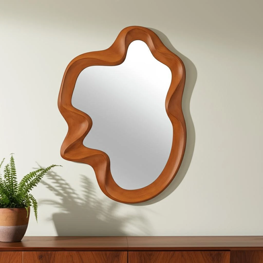 Hivvago 35" Brown Solid Wood Abstract Geometric Framed Accent Mirror