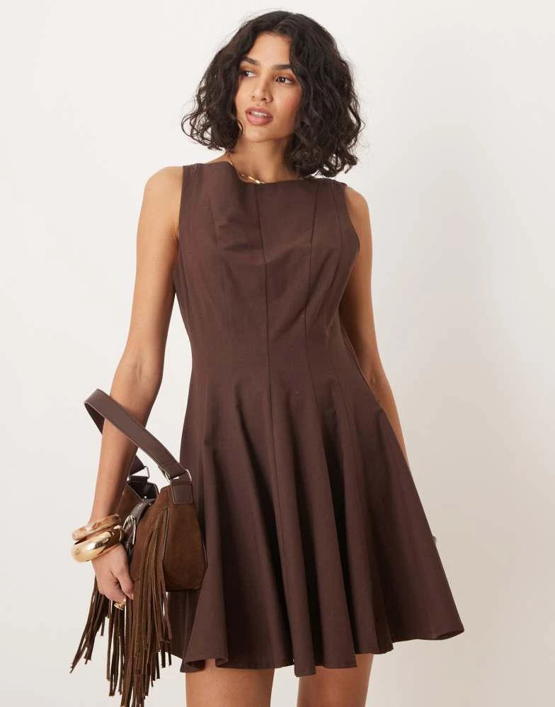 ASOS DESIGN linen blend slash neck seamed fit and flare mini dress in  chocolate  On Sale Now with Up to 56% Off | Discover Exclusive Deals &  Savings at BeyondStyle