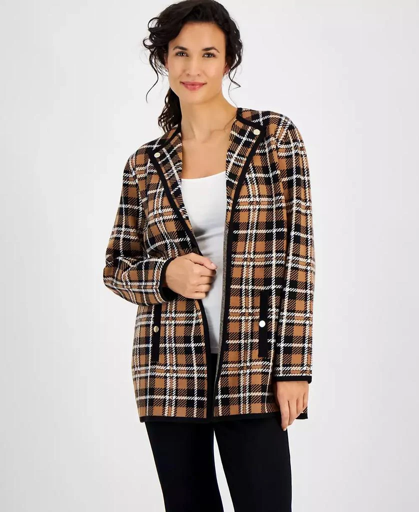 Kasper Women's Plaid Collarless Long-Sleeve Sweater 1