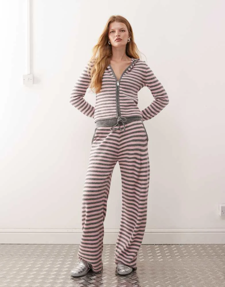 COLLUSION COLLUSION stripe knitted zip through hoodie in pink and grey 3