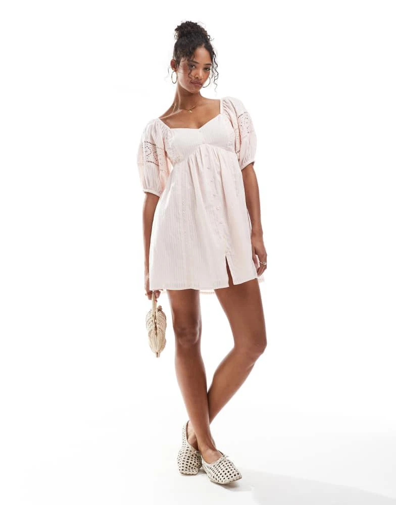 New Look New Look embroidered button through mini dress in pink 3