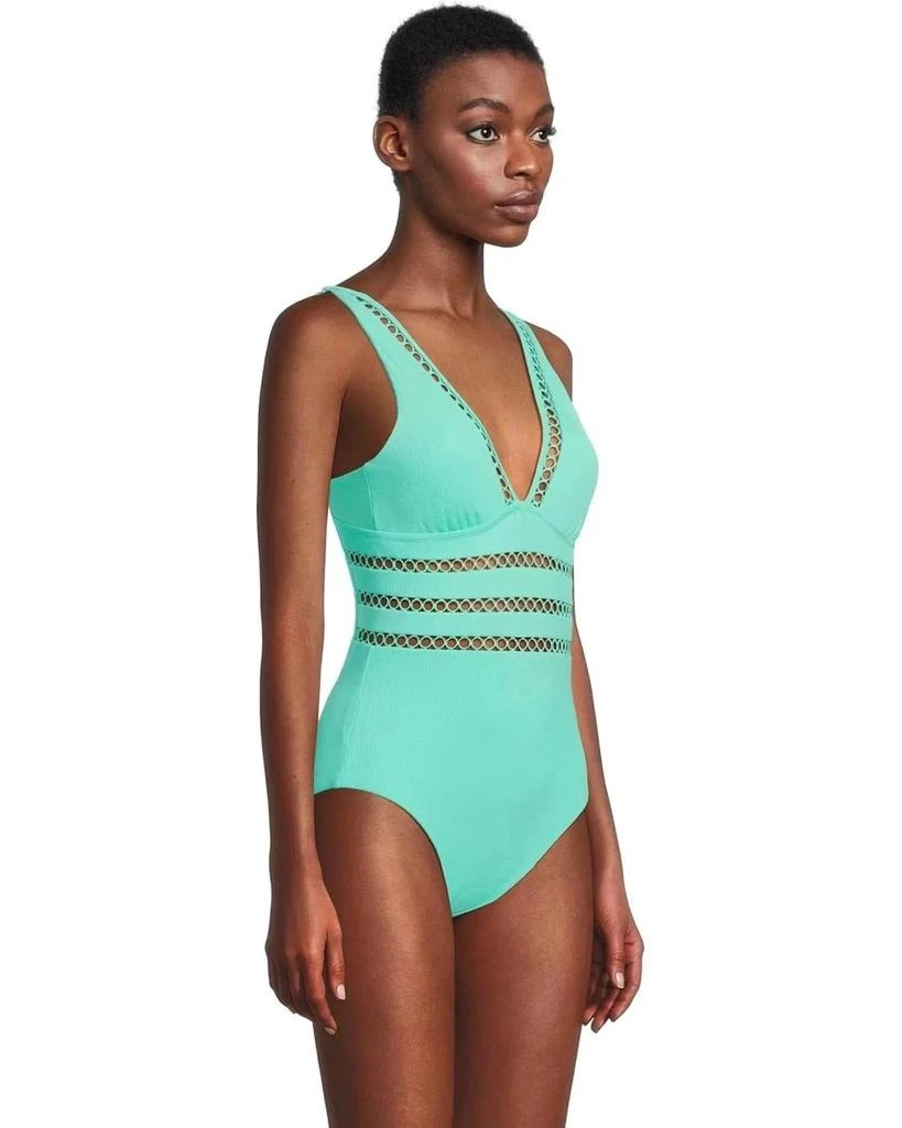 Becca Modern Edge Swimsuit Womens  Aqua Sea Stretch Plunge One Piece RED271 2