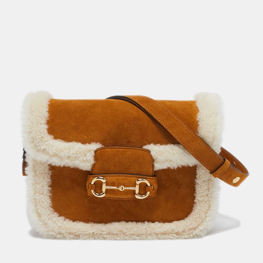 Gucci Gucci Brown/White Shearling Fur and Suede Small Horsebit 1955 Shoulder Bag
