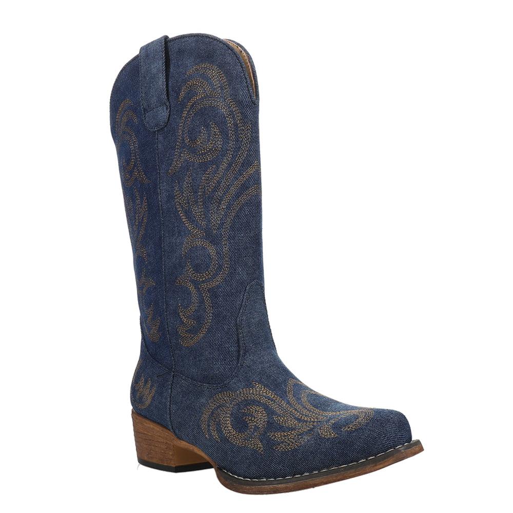 Roper Riley Denim Embroidered Snip Toe Cowboy Boots