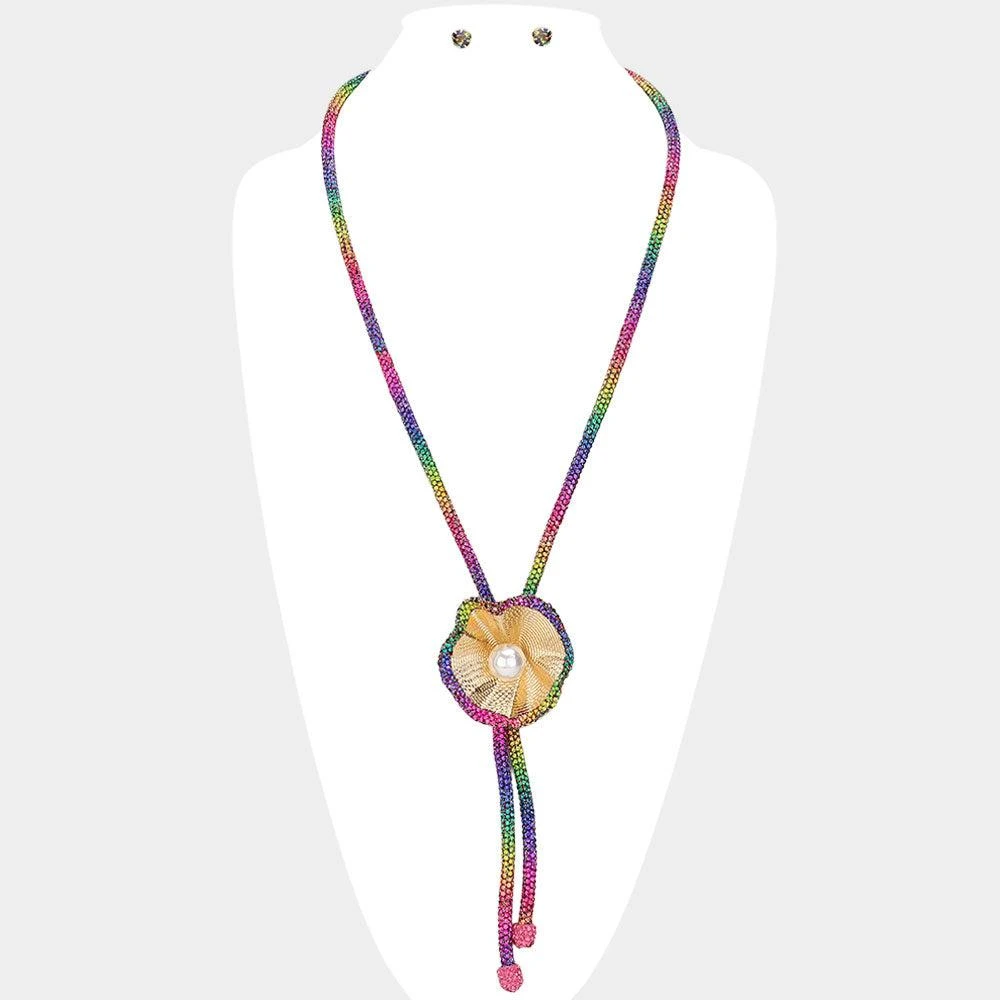 FASHNZFAB Bling Studded Pearl Centered Flower Pointed Evening Long Bolo Tie Necklace