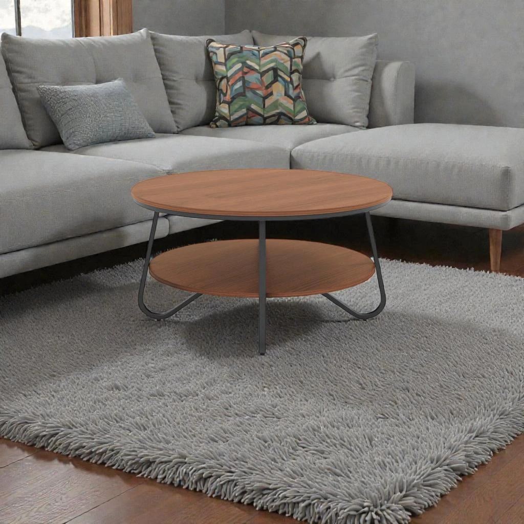 Hivvago Industrial Style Round Coffee Table with Wood-Look Top and Heavy Metal Support