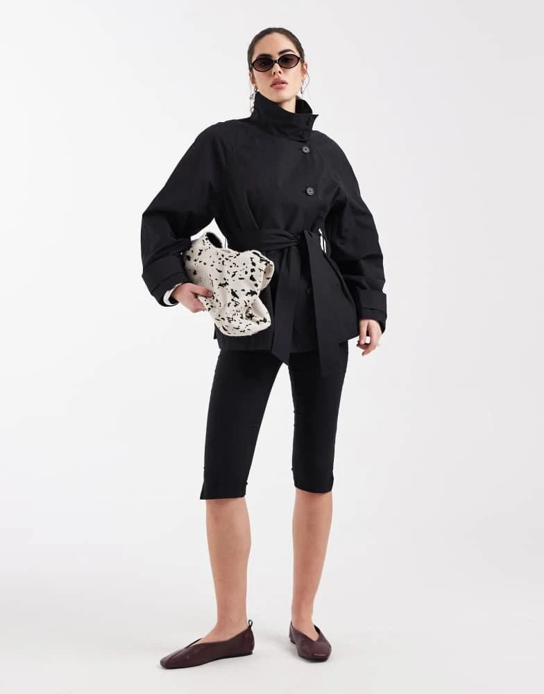 ASOS ASOS DESIGN funnel neck tie belt trench coat in black 2