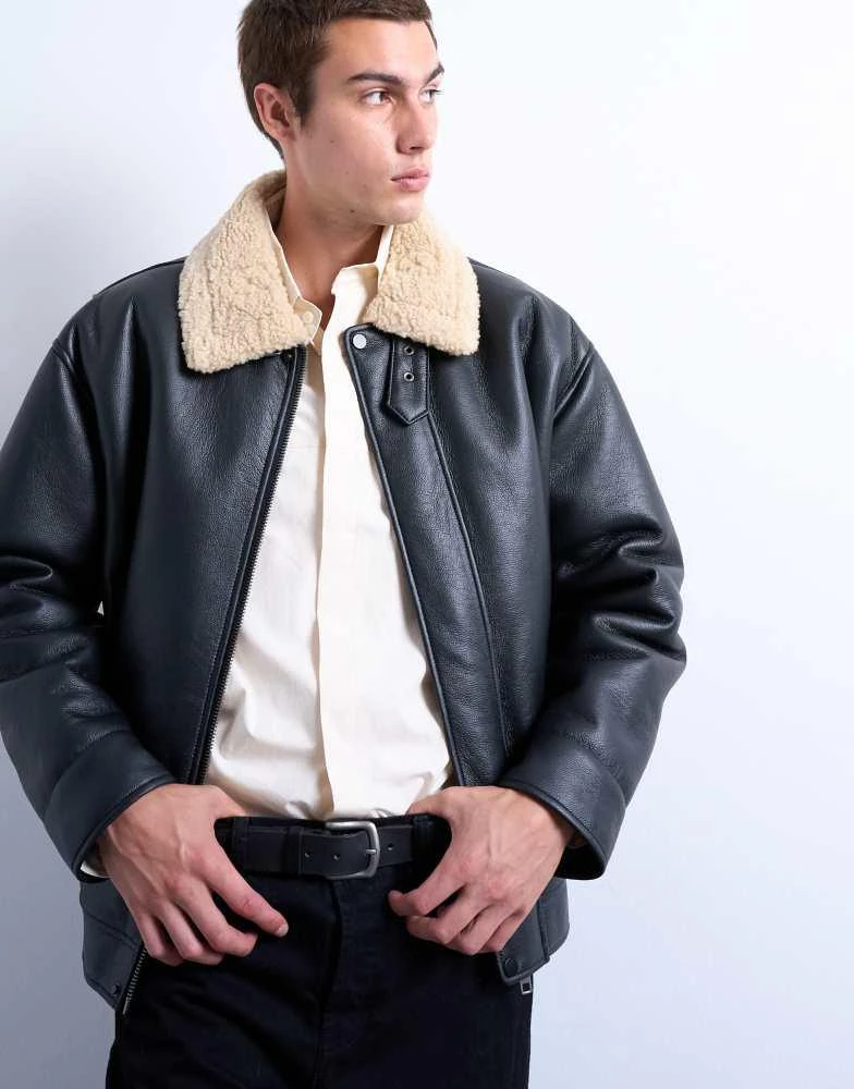 Topman Topman faux leather bomber jacket with shearling collar in black 3
