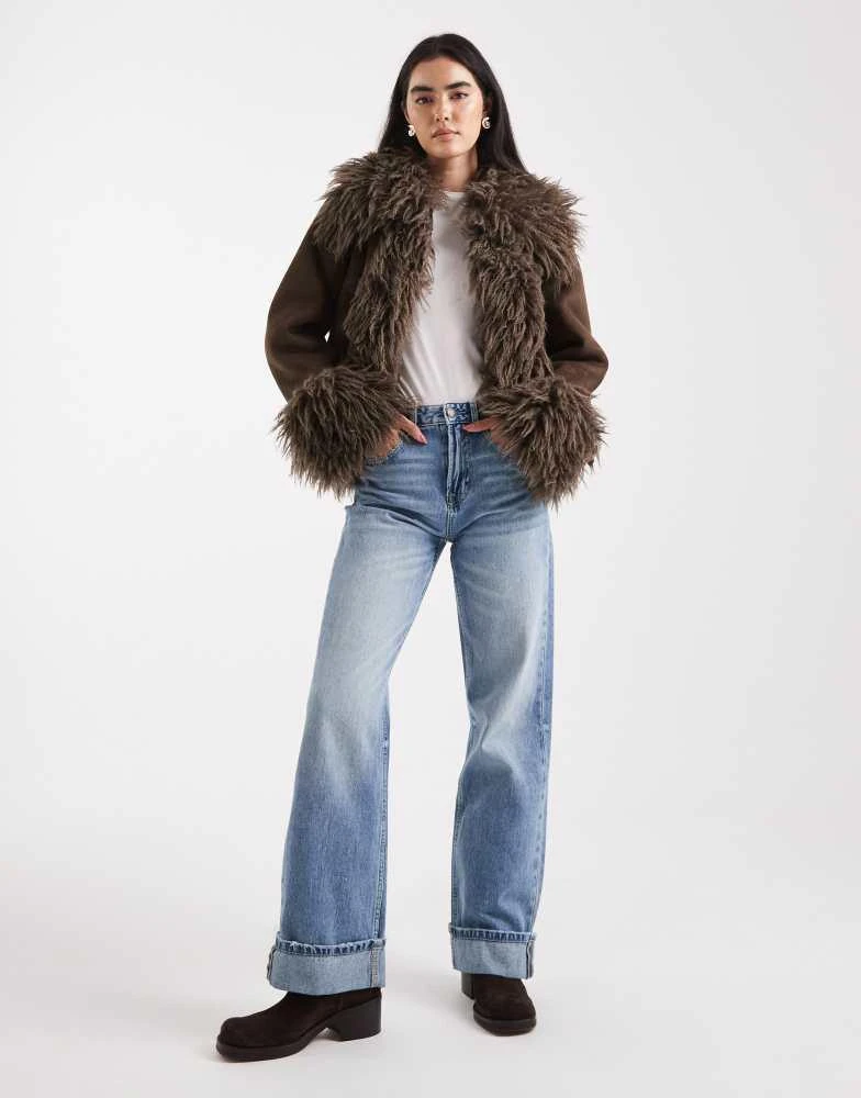 ASOS ASOS DESIGN penny lane faux fur trim coat in brown 2