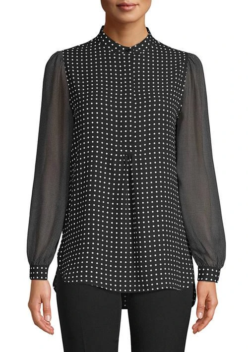 Anne Klein Klein Womens Long Sleeve Mini Dot Blouse 1