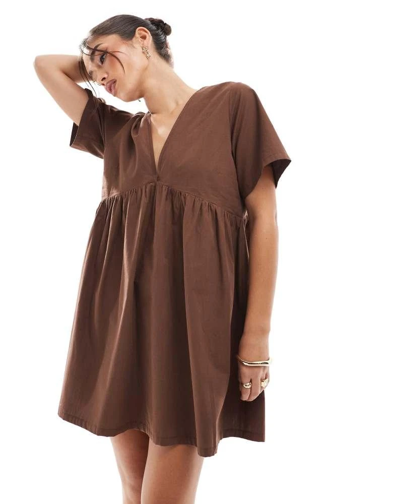 ASOS ASOS DESIGN poplin v waist smock dress in chocolate 1