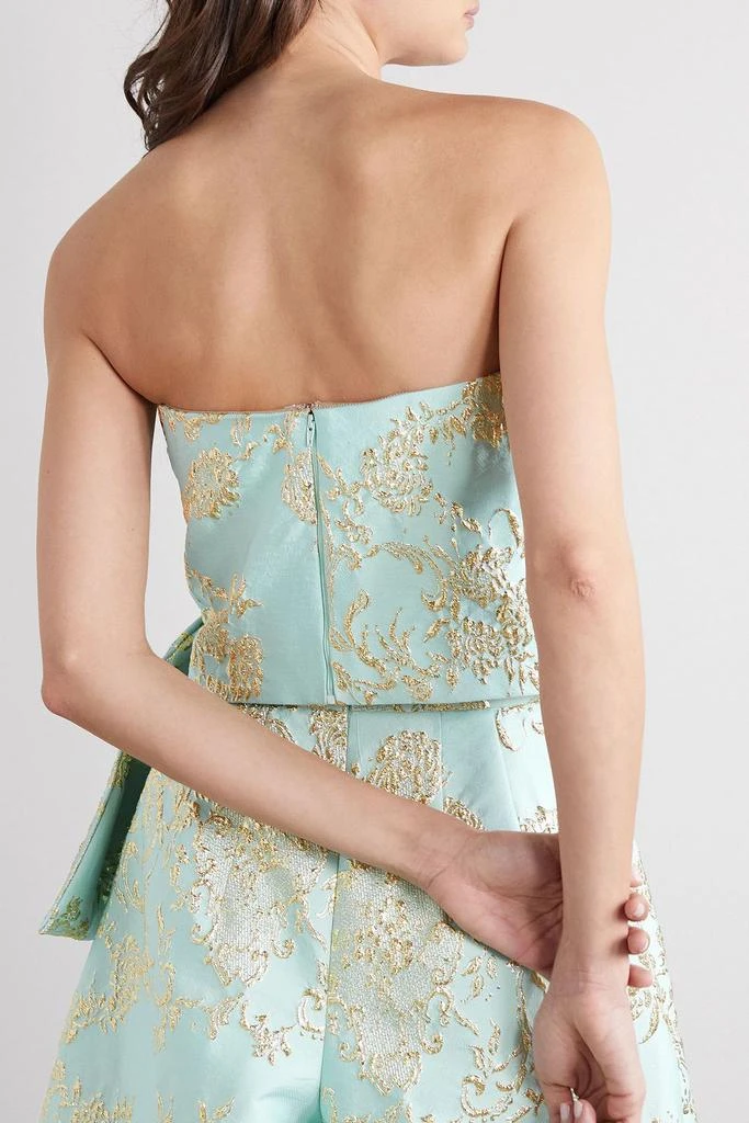 REEM ACRA Draped strapless bow-detailed metallic brocade top 3