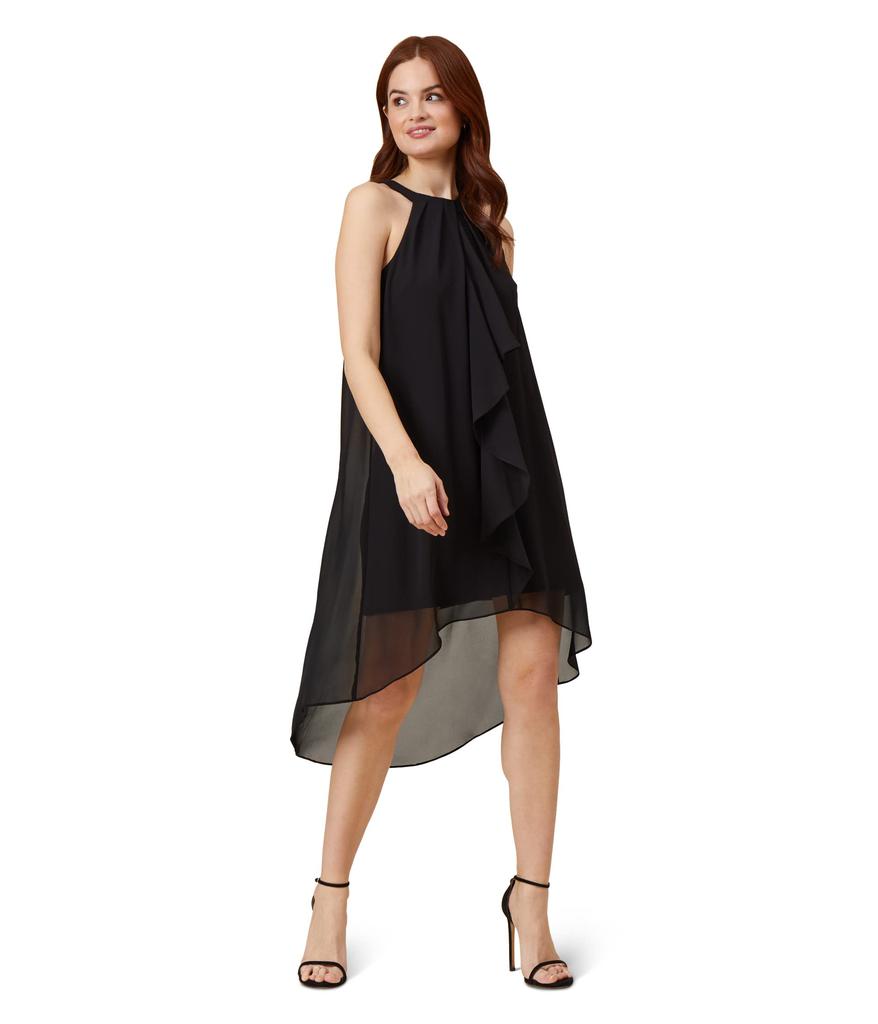 Adrianna Papell Stretch Jersey Halter Neck Dress with Chiffon Ruffle Overlay