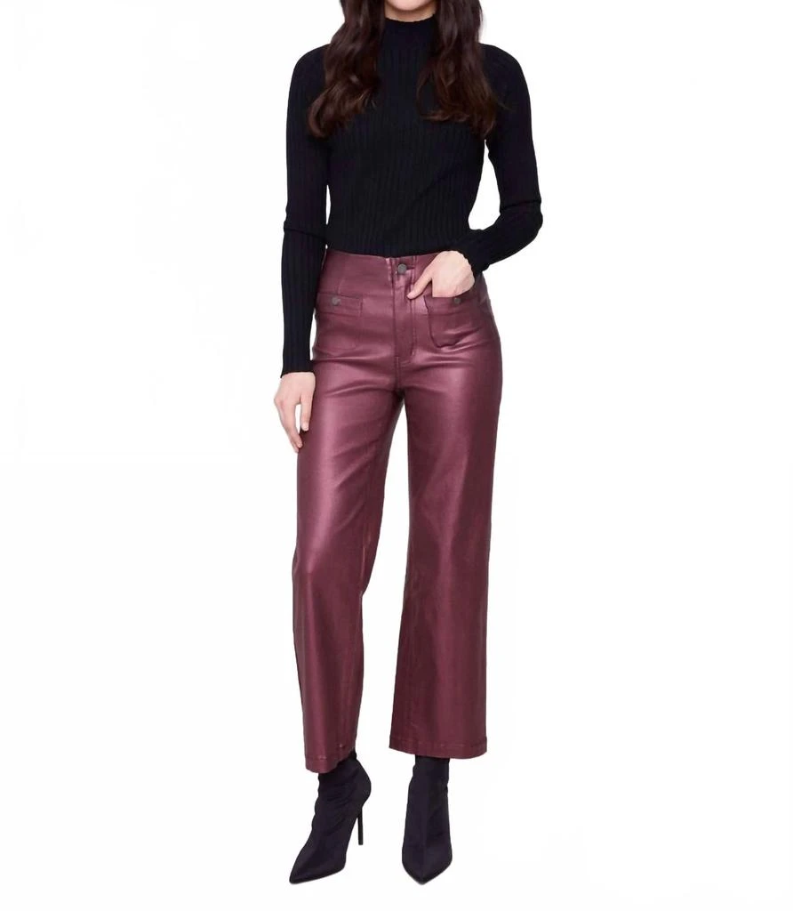 CHARLIE B Metallic Wax Flared Pants In Cabernet