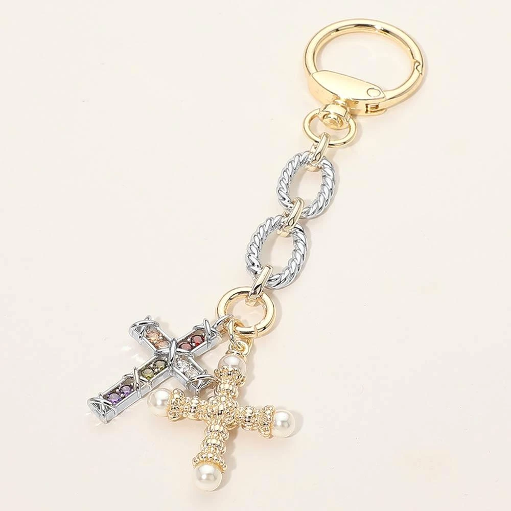 FASHNZFAB 14K Gold Plated CZ Pearl Tip Cross Charms Drop Bag Charm Keychain