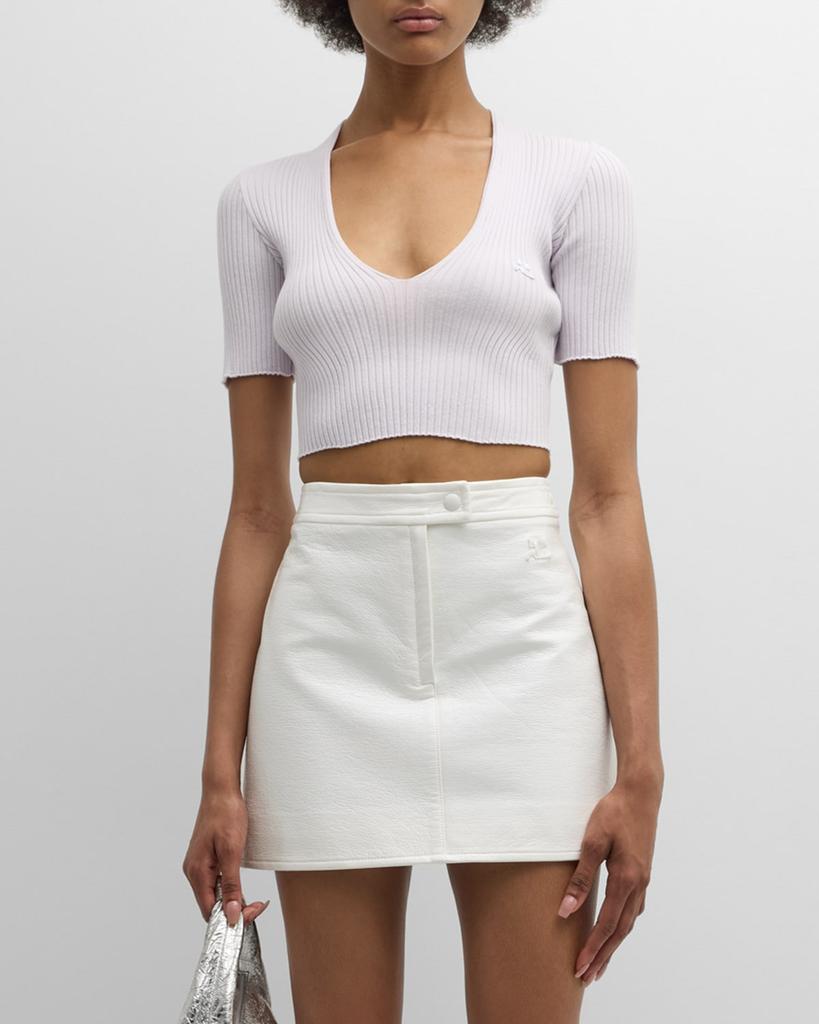 Courreges V-Neck Short-Sleeve Rib Crop Sweater