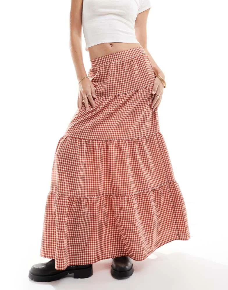 Miss Selfridge Miss Selfridge tiered maxi gingham skirt in rust 4
